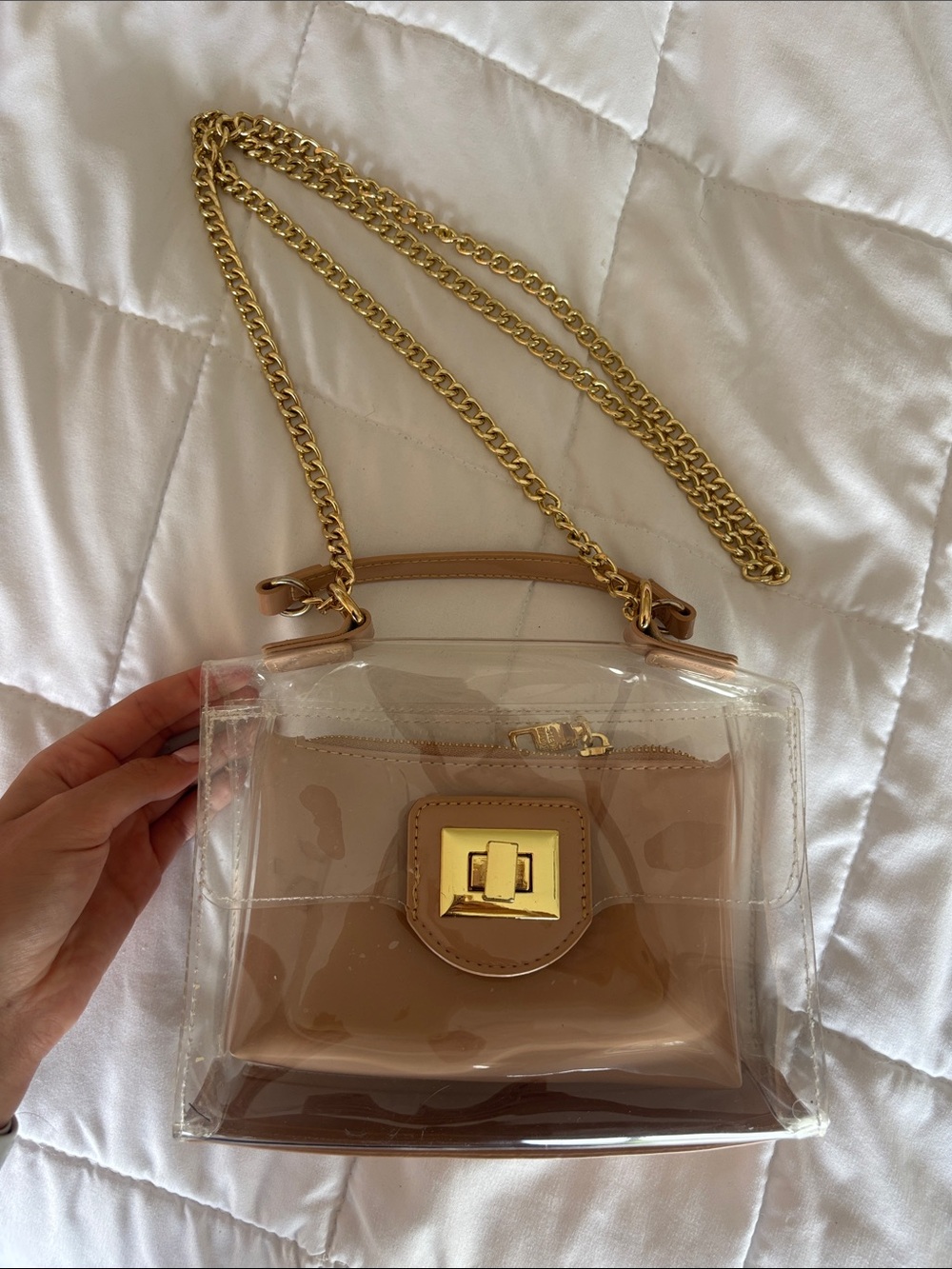 Steve Madden Clear Tote with Beige Inner Pouch and Gold Chain Shoulder Strap